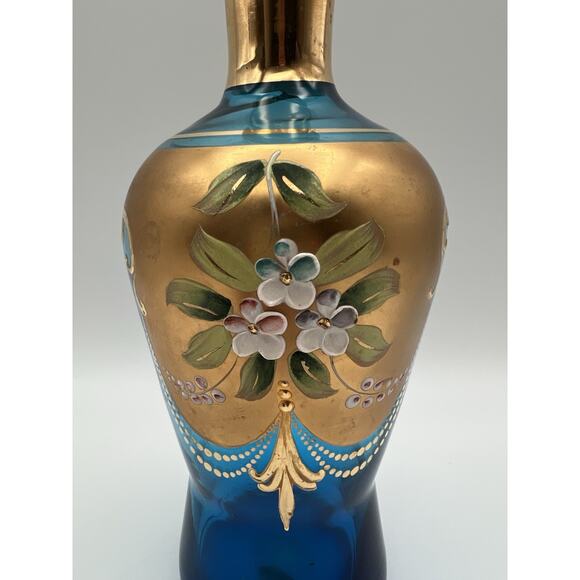 Vintage Venetian Murano Glass Enamel Flower Gold Gilt Blue Decanter NO STOPPER - Picture 2 of 10